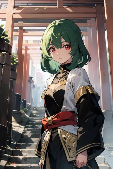 masterpiece,highres,best quality,scenery,1girl,solo,<lora:torii_multi-wasabiya:1>,multtorii,outdoors,standing,(beautiful eyesbeautiful face),stairs,red eyes,green hair,