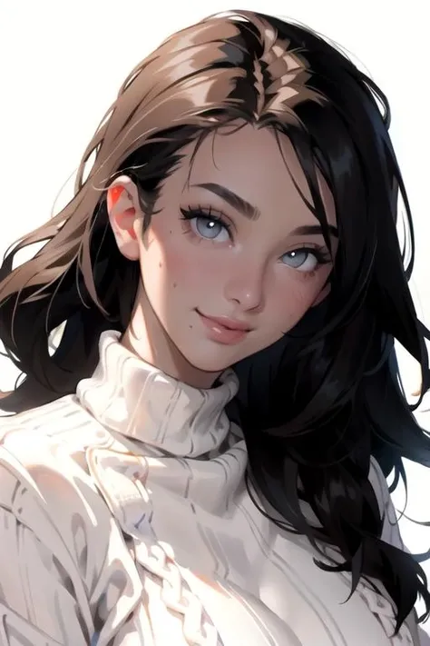 (8k, masterpiece, best quality, solo, sfw), ((Joey Fisher)), portrait, (white thick knit sweater), looking at camera, eyelines, eyeshadows, smile, long curly black hair, simple dark background, <lora:Joey_Fisher_v1:0.75>