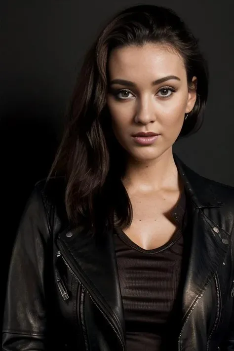 (8k, masterpiece, best quality, solo, sfw), ((Joey Fisher)), portrait, (leather jacket), looking at camera, eyelines, eyeshadows, simple dark background, <lora:Joey_Fisher_v1:0.75>