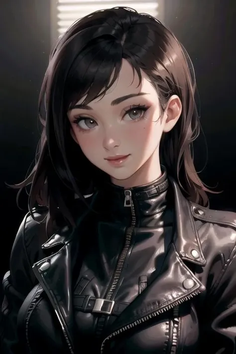 (8k, masterpiece, best quality, solo, sfw), ((Joey Fisher)), portrait, (leather jacket), looking at camera, eyelines, eyeshadows, smile, long curly black hair, simple dark background, <lora:Joey_Fisher_v1:0.75>
