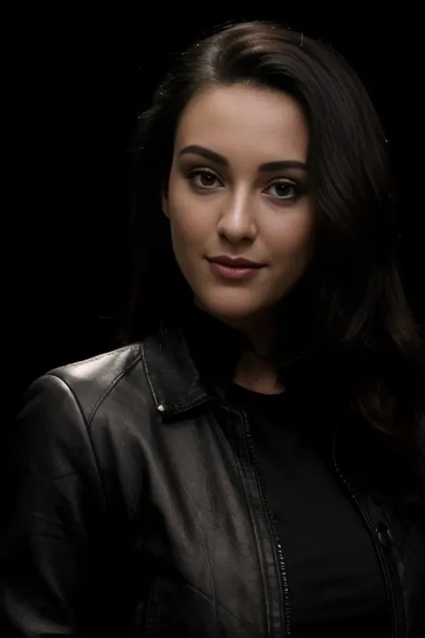 (8k, masterpiece, best quality, solo, sfw), ((Joey Fisher)), portrait, (leather jacket), looking at camera, eyelines, eyeshadows, smile, long curly black hair, simple dark background, <lora:Joey_Fisher_v1:0.75>