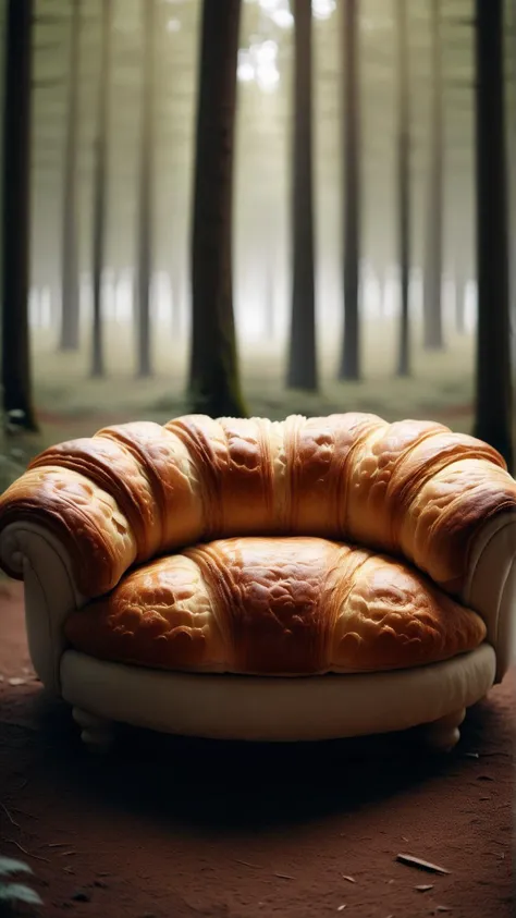Cinematic photo of <lora:CroissantStyleXL:1> CroissantStyle sofa, in location: sentient forest, detailed background, BOKEH, DOF, atmospheric