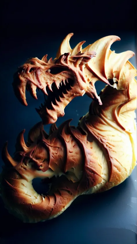 Cinematic photo of <lora:CroissantStyleXL:1.4> CroissantStyle fearsome dragon of ancient lore, made from croissant, in location: ancient spaceship wreckage, detailed background, dynamic angle, atmospheric