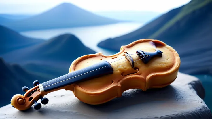 Cinematic photo of <lora:CroissantStyleXL:1.1> CroissantStyle Violin, made from croissant, in location: submerged volcano, detailed background, BOKEH, DOF, atmospheric