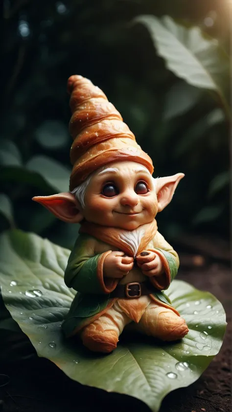 Cinematic photo of <lora:CroissantStyleXL:1> CroissantStyle an elf greeting the first light of dawn seated on a dewy leaf in the enchanted garden, in location: hidden sanctuary, detailed background, dynamic angle, atmospheric