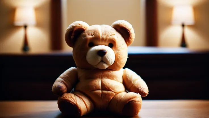 Cinematic photo of <lora:CroissantStyleXL:1.1> CroissantStyle teddybear, made from croissant, in location: courthouse, detailed background, movie screenshot, atmospheric