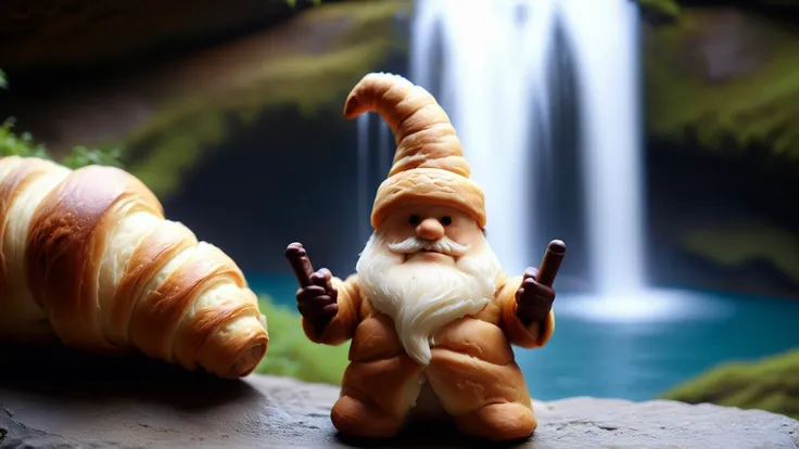 Cinematic photo of <lora:CroissantStyleXL:1.1> CroissantStyle wizard, made from croissant, in location: waterfall, detailed background, BOKEH, DOF, atmospheric
