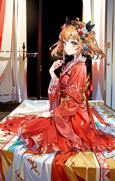 best quality, masterpiece,
, short hair, orange hair, yellow eyes, tachibana hibiki , energetic girl, young girl, (petite girl),<lora:tachibanaHibikiSenki_tachibanaHibiki:1.2>,
, shy, happy, love, (((red_hanfu))), (((red veil))), chinese room, veil, upper body, close-up, bedroom, sitting on bed, bed, chinese bed,
