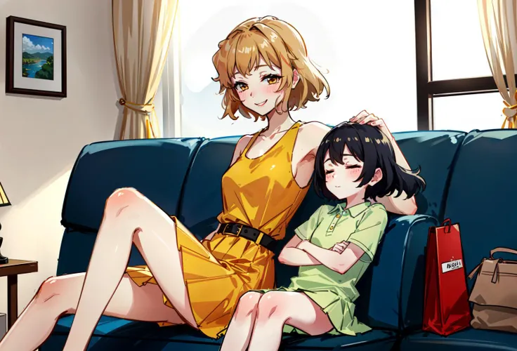 best quality, masterpiece,
, short hair, orange hair, yellow eyes, tachibana hibiki , energetic girl, young girl, (petite girl),
, yellow dress, skirt, fluffy skirt, sofa, ((naughty smile)), oyako parent and child, family, half-closed eyes,