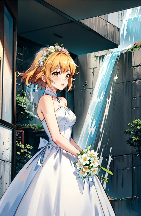 best quality, masterpiece,
, short hair, orange hair, yellow eyes, tachibana hibiki , energetic girl, young girl, (petite girl),
wedding dress, wedding, wedding ring, (bridal veil:1.7), happy tears, happy, ((((waterfall)))), model building, (city), shy, (street:1.5),lips, cyberpunk, close-up, world end, end of the world, flowers, holding bouquet, bouquet,
muscular,