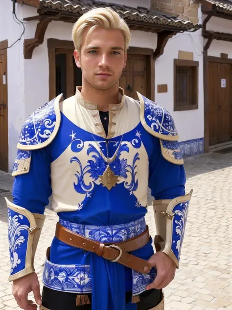 <lora:PLD_armor:1> <lora:AzulejoAI:0.8> (A full body portrait of a blonde european Man wearing ceramic PLD_armor decorated in the blue and white AzulejoAI style over grey cloth shirt), he has close cropped hair and he is clean shaven, he is looking at the camera, he is in the middle of the main street of a small medieval town consisting of wooden buildings, behind him we can see the business of the town is ongoing with peasants buying things from market stalls