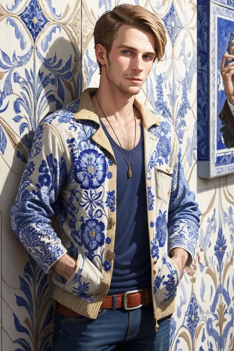 modest portrait of 25 year old white man with (hand in pocket:1.3), <lora:azulejoai_v10:0.5> AzulejoAI mural wall tile
