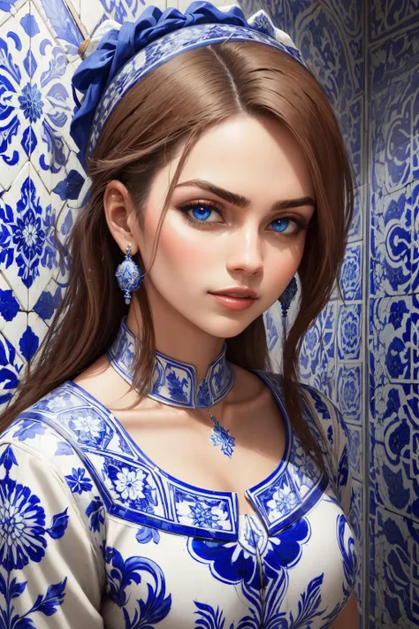 portrait, <lora:azulejoai_v10:0.5> AzulejoAI, Azulejo design in white and blue