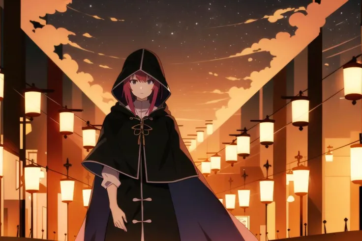 best quality, masterpiece, <lora:monogatari-10:0.9>, solo, 1girl, (mask:1.2), very long hair, hooded cloak, city, night, cowboy shot,