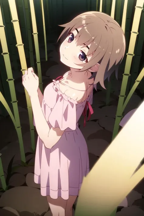 best quality, masterpiece, <lora:monogatari-10:1>, solo, 1girl, nightgown, bamboo forest, from above, bloom,