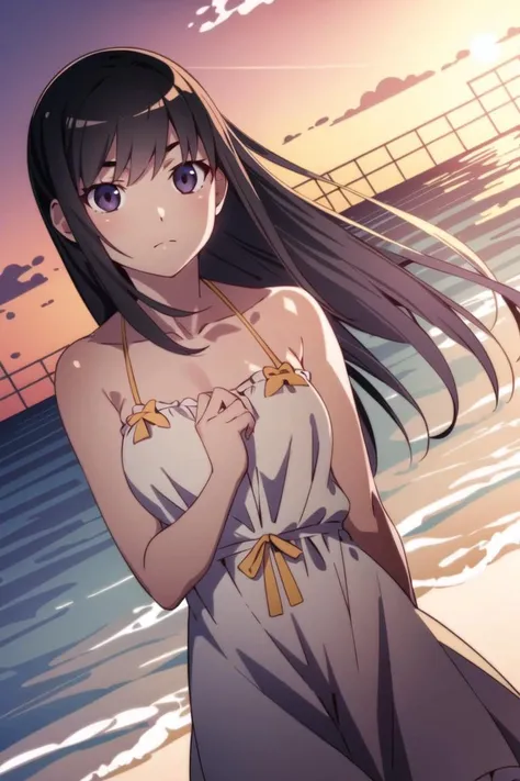 best quality, masterpiece, <lora:monogatari-10:1>, solo, 1girl, beach, sundress, sunset, dutch angle,