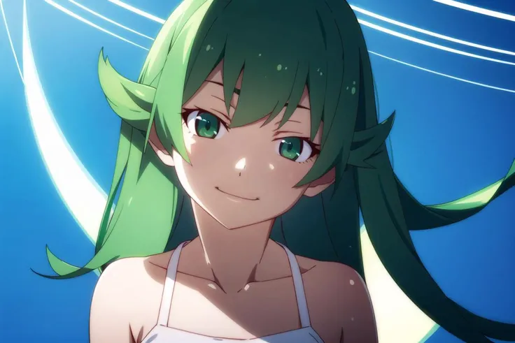 best quality, masterpiece, <lora:monogatariv2-10:1>, solo, 1girl, outdoors, green_hair,simple background, light smile, head tilt,