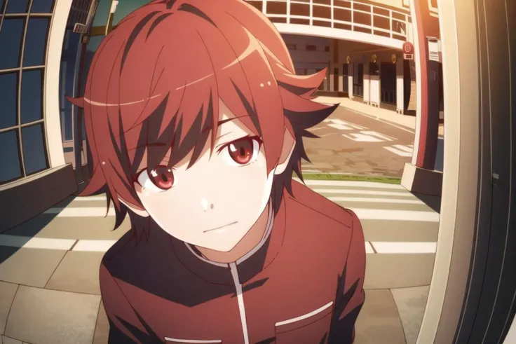 best quality, masterpiece, <lora:monogatariv2-10:1>, solo, (1boy), red_hair,crosswalk,sunset, fisheye, looking at viewer, from above,