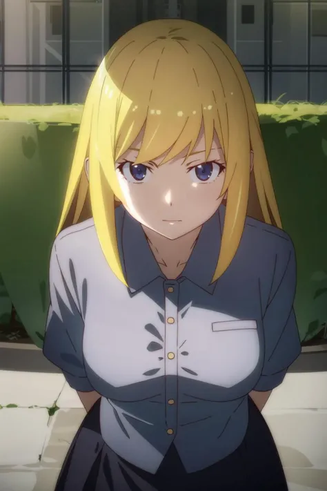 best quality, masterpiece, <lora:monogatariv2-10:1>, solo, 1girl, upper body, outdoors, blonde_hair, from above,