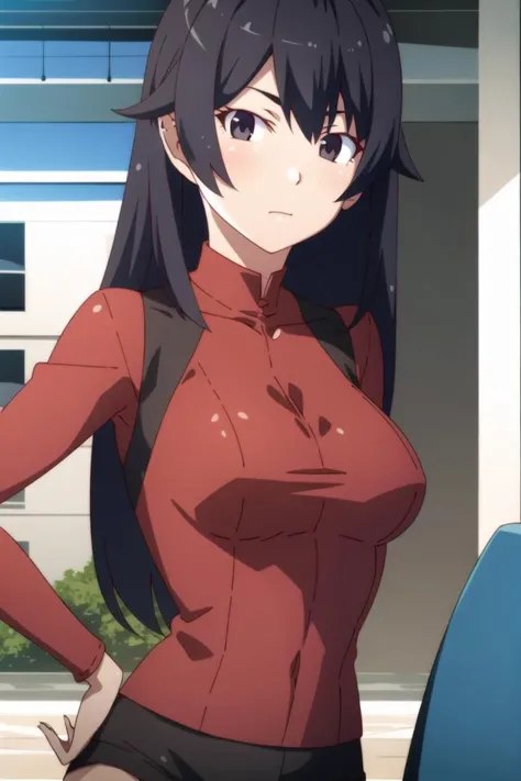 best quality, masterpiece, <lora:monogatariv2-10:1>, solo, 1girl, upper body,  outdoors, black_hair, skin tight,