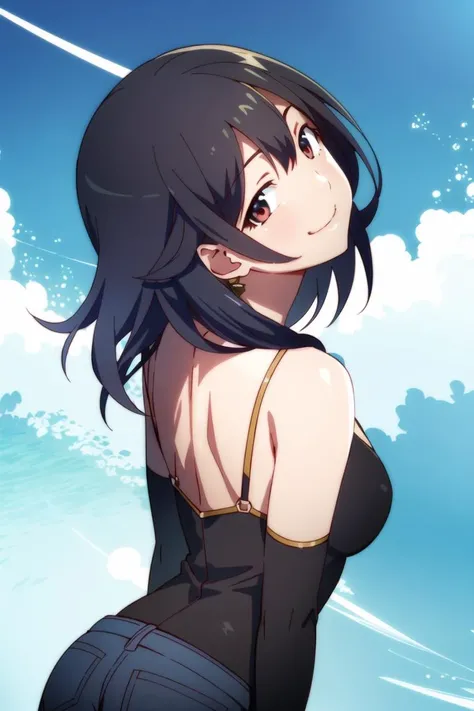 best quality, masterpiece, <lora:monogatariv2-10:0.9>, solo, 1girl, looking at viewer, light smile, (from above:1.4), looking back, upper body, mature female, outdoors, clouds sky,