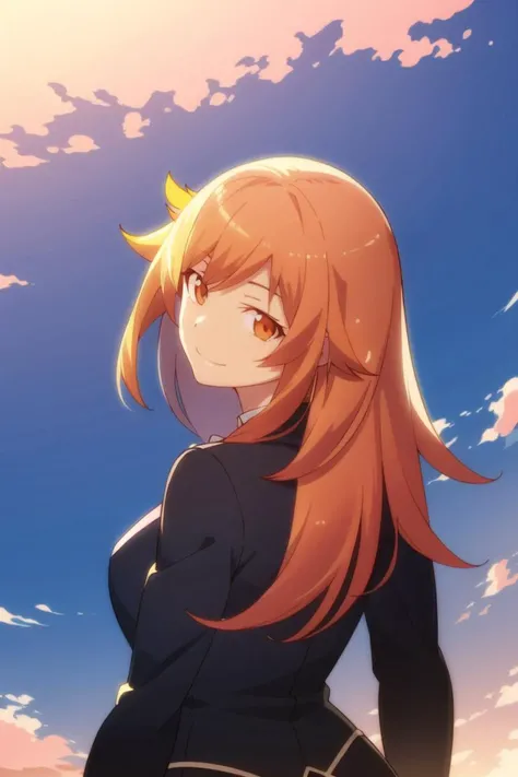 best quality, masterpiece, <lora:monogatariv2-10:0.9>, solo, 1girl, looking at viewer, light smile, (from above:1.4), looking back, upper body, mature female, outdoors, clouds sky, orange sky, sunset,