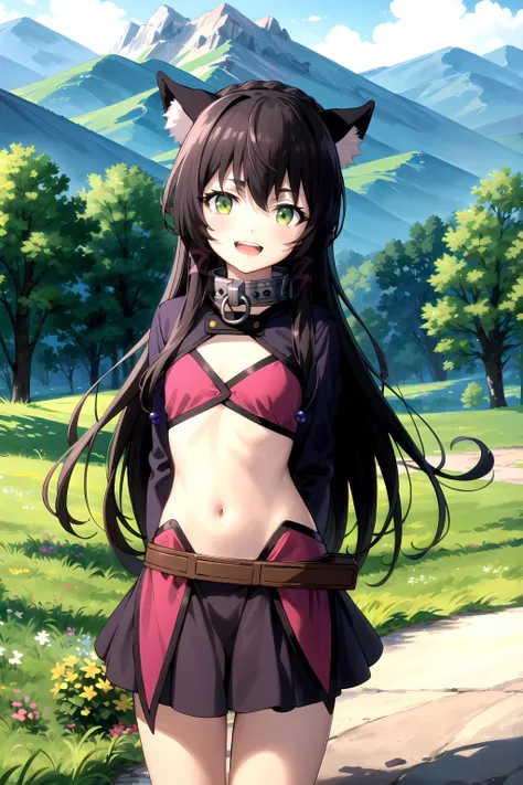 best quality, (masterpiece:1.2), detailed,
<lora:chara_IsekaiMaou_RemGalleu_v1:0.8>, rem isekaimaou,
light blush, smile, open mouth, teeth,
black hair, long hair, green eyes, cat ears,
black shorts, jacket, bra, skirt, belt, belt puch, metal collar,
standing, head tilt, hands behind back, looking at the viewer,
outdoors, forest, mountain