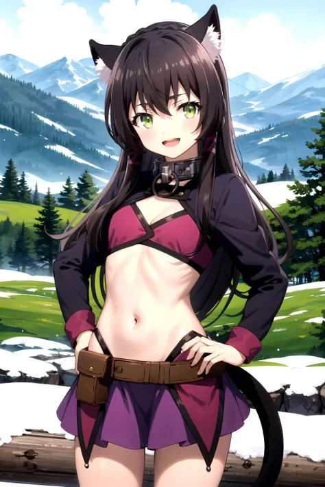 best quality, (masterpiece:1.2), detailed,
<lora:chara_IsekaiMaou_RemGalleu_v1:0.8>, rem isekaimaou,
light blush, smile, open mouth,
black hair, long hair, green eyes, cat ears, tail,
black shorts, jacket, bra, skirt, belt, belt pouch, metal collar,
standing, head tilt, hands on own hips, looking at the viewer,
forest, mountain, snow