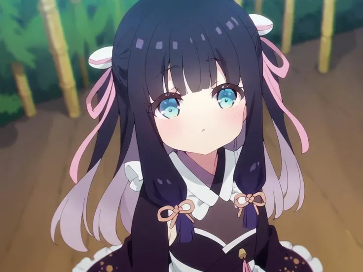score_9, score_8_up, score_7_up, ,source_anime,Prima Doll Haikagura, 1girl, solo, long hair, looking at viewer, blush, bangs, blue eyes, black hair, ribbon, pink ribbon, black kimono, bamboo forest<lora:Prima Doll Haikagura_XL_2-000008:1>