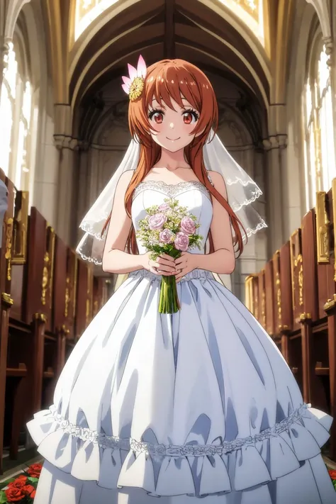 <lora:marika-nisekoi-01:0.8> marika tachibana, wedding dress, smile, looking at viewer, church, rose pedals in air