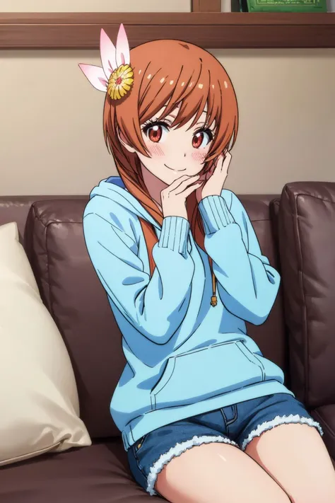 <lora:marika-nisekoi-01:0.8> marika tachibana, sitting on couch, hand on own face, smiling, blush, hoodie, shorts, thighighs