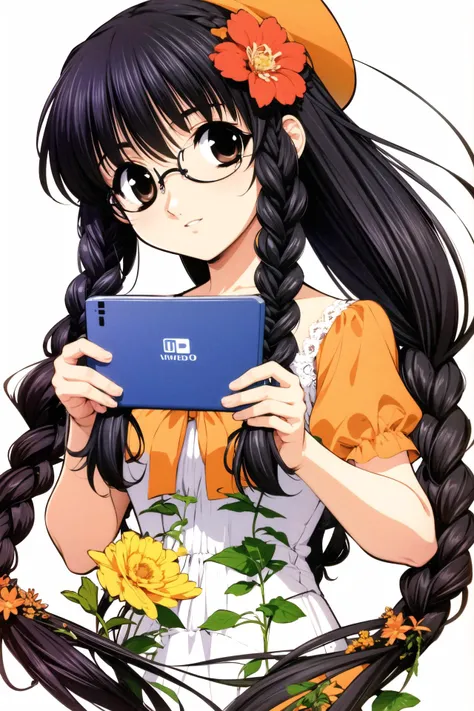 Marie, 1girl, glasses, braid, flower, solo, dog, hat, twin braids, orange flower, handheld game console, long hair, black hair, white background, nintendo ds, short sleeves, simple background, black eyes, holding, upper body, looking at viewer, brown eyes, <lora:Naoto Tenhiro_v2:0.8>