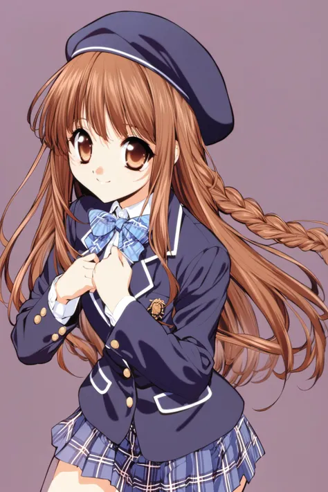 Karen, 1girl, solo, brown hair, hat, long hair, brown eyes, school uniform, skirt, braid, plaid, jacket, plaid skirt, bow, beret, long sleeves, smile, simple background, blazer, pleated skirt, <lora:Naoto Tenhiro_XL:0.8>