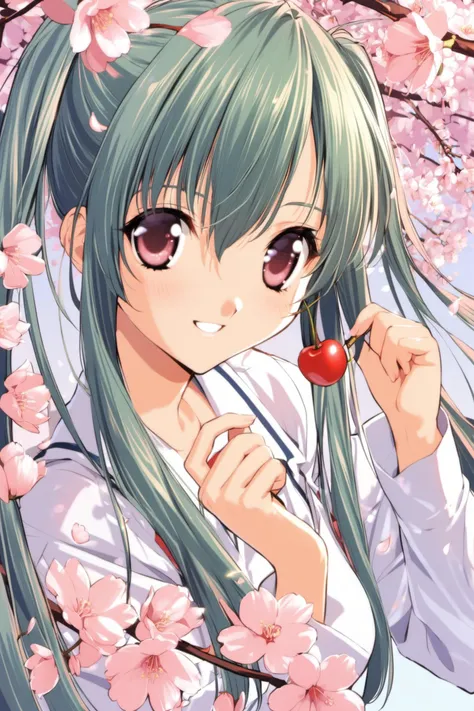 1girl, solo, hatsune miku, school uniform, green hair,cherry blossoms, cherry hair ornament, hanami, sakura,smile,looking at viewer, <lora:Naoto Tenhiro_XL:0.8>