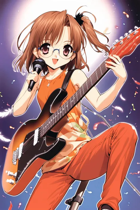 Yotsuba, 1girl, solo, instrument, glasses, guitar, brown hair, feathers, hair ornament, microphone stand, one side up, electric guitar, microphone, hairclip, open mouth, ring, pants, music, jewelry, smile, red pants, <lora:Naoto Tenhiro_XL:0.8>