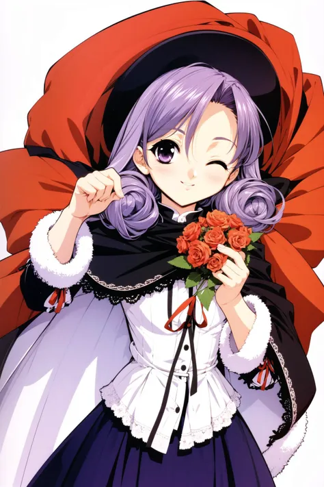 Shirayuki, 1girl, solo, flower, one eye closed, hat, rose, purple eyes, heart, crown, red flower, white background, smile, long sleeves, simple background, holding, dress, red rose, fur trim, looking at viewer, bouquet, cape, curly hair, purple hair,<lora:Naoto Tenhiro_v2:0.8>