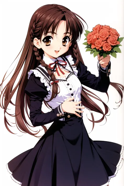 Karen, 1girl, solo, flower, braid, brown hair, dress, bouquet, brown eyes, long hair, smile, open mouth, simple background, rose, ribbon, white background, long sleeves,<lora:Naoto Tenhiro_v2:0.8>