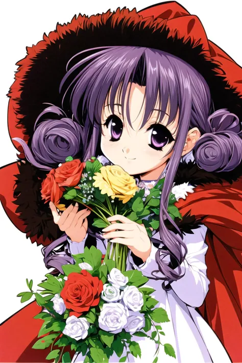 1girl, solo, flower, hat, rose, purple eyes, heart, crown, red flower, white background, long sleeves, smile, holding, simple background, dress, red rose, fur trim, cape, looking at viewer, food, plate, bouquet, purple hair, curly hair,<lora:Naoto Tenhiro:0.9>