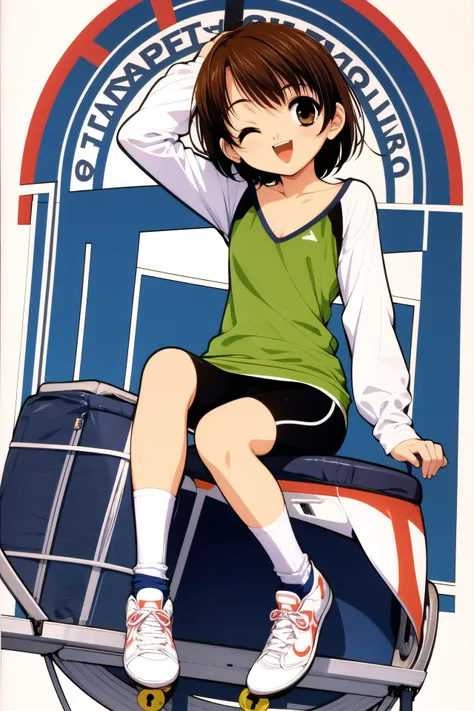 Mamoru, 1girl, solo, one eye closed, bike shorts, brown hair, brown eyes, socks, long sleeves, sitting, smile, open mouth, skates, short hair, sneakers, simple background, white background, ;d, shoes, <lora:Naoto Tenhiro_v2:0.8>