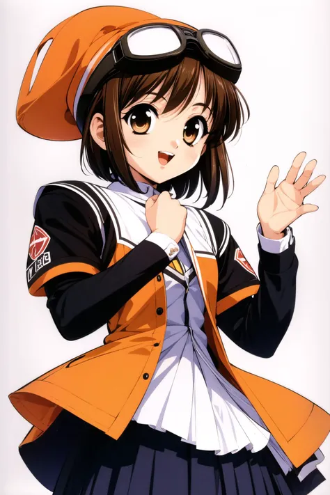 Mamoru, 1girl, solo, skirt, brown hair, brown eyes, short hair, long sleeves, white background, simple background, smile, orange skirt, open mouth, goggles, hat, elbow pads, pleated skirt, looking at viewer, <lora:Naoto Tenhiro_v2:0.8>