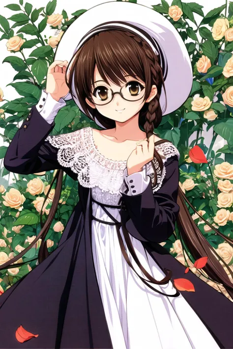 1girl, solo, glasses, flower, braid, brown hair, dress, long hair, brown eyes, hat, petals, smile,<lora:Naoto Tenhiro:0.8>