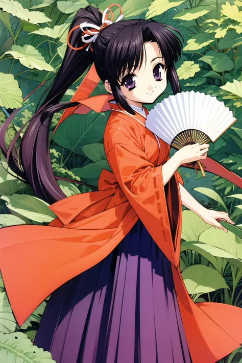 Haruka, 1girl, solo, hand fan, japanese clothes, long hair, miko, folding fan, ponytail, leaf, black hair, red hakama, hakama, hakama skirt, holding, smile, purple eyes,<lora:Naoto Tenhiro_v2:0.8>