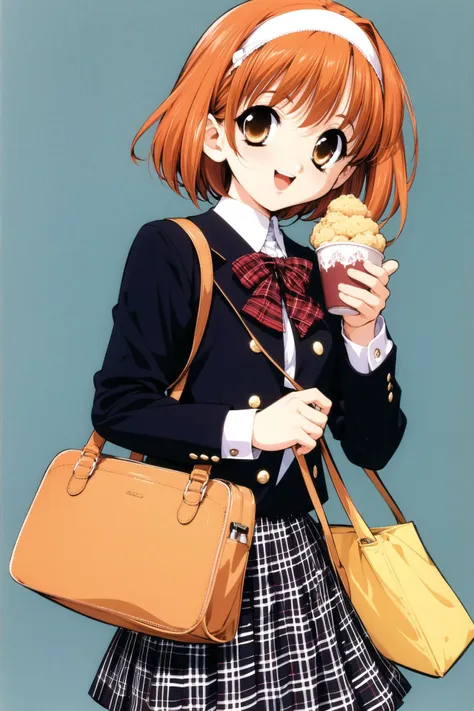 Kaho, 1girl, solo, orange hair, school uniform, skirt, (white hairband:1.2), brown eyes, plaid, short hair, plaid skirt, bag, food, long sleeves, open mouth, smile, simple background, white background, bow, pleated skirt,<lora:Naoto Tenhiro_v2:0.8>