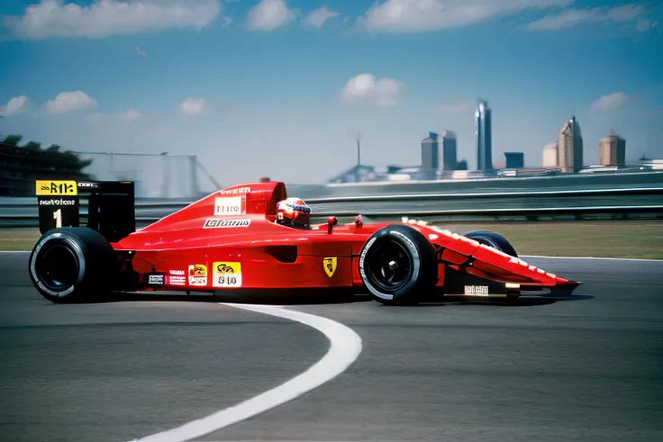Photograph of the Ferrari 641 <lora:Ferrari 641 V1.1:0.7>, Formula 1 car, driving on street circuit, wide angle shot, city skyline, 8k, 4k, perfect lighting, high quality, masterpiece, 1990's, digital photograph, retro, film grain, cool colors