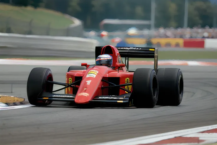 Photograph of the Ferrari 641 <lora:Ferrari 641 V1:0.75>, Formula 1 car, driver in car, race helmet, Marlboro sponsorship, driving on race track, 1990's, front view, motion blur, digital photograph, rich colors, retro, film grain, cool colors