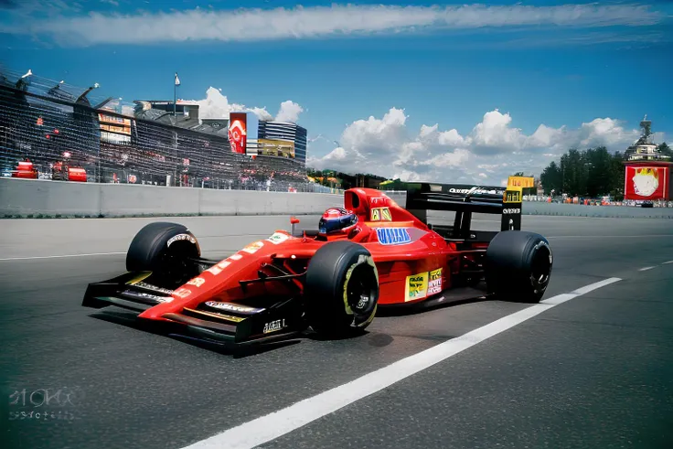 Photograph of the Ferrari 641 <lora:Ferrari 641 V1.1:0.75>, Formula 1 car, driving on street circuit, wide angle shot, city skyline, 8k, 4k, perfect lighting, high quality, masterpiece, 1990's, digital photograph, retro, film grain, cool colors