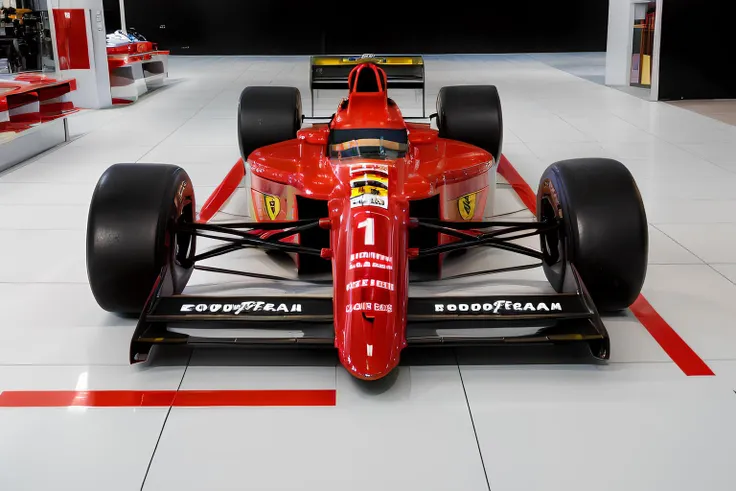 Photograph of the Ferrari 641 <lora:Ferrari 641 V1.1:0.75>, Formula 1 car, driver in car, race helmet, displayed in showroom, simple background, shiny reflective floor, 8k, 4k, perfect lighting, high quality, masterpiece, 1990's, digital photograph, retro, film grain, cool colors
