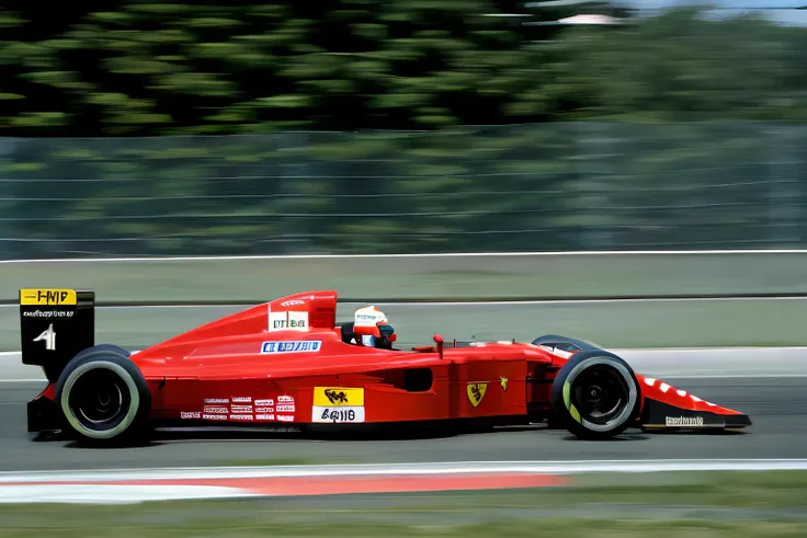 Photograph of the Ferrari 641 <lora:Ferrari 641 V1.1:0.75>, Formula 1 car, driving on race track, side view, 8k, 4k, perfect lighting, high quality, masterpiece, 1990's, digital photograph, retro, film grain, cool colors