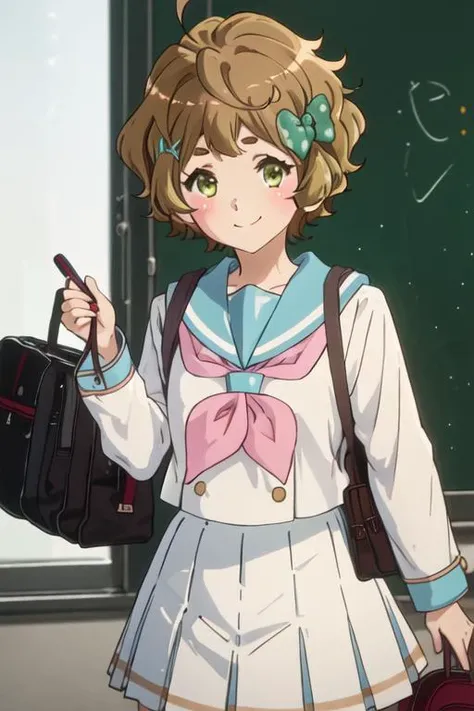 best quality, masterpiece, highres, solo, {kawashima_safaia_soundeuphonium:1.15}, short_hair, brown_hair, blush, bow, hair_bow, serafuku, green_eyes, green_bow, ahoge, polka_dot, brown_eyes, 1girl, bag, brown_shirt, brown_skirt, kitauji_high_school_uniform, neckerchief, red_neckerchief, sailor_collar, school_bag, school_uniform, skirt, long_sleeves, pleated_skirt, white_sailor_collar, smile