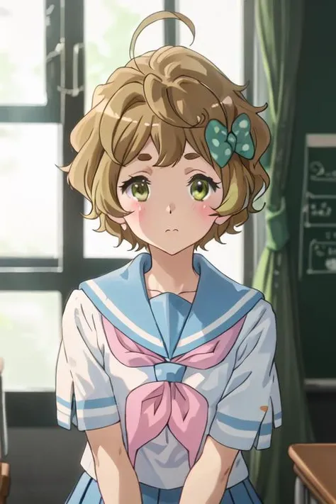 best quality, masterpiece, highres, solo, {kawashima_safaia_soundeuphonium:1.15}, short_hair, brown_hair, blush, bow, hair_bow, serafuku, green_eyes, green_bow, ahoge, polka_dot, brown_eyes, 1girl, blue_sailor_collar, kitauji_high_school_uniform, neckerchief, pink_neckerchief, sailor_collar, school_uniform, bangs, shirt, white_shirt, polka_dot_bow, closed_mouth, indoors, window, looking_at_viewer, short_sleeves